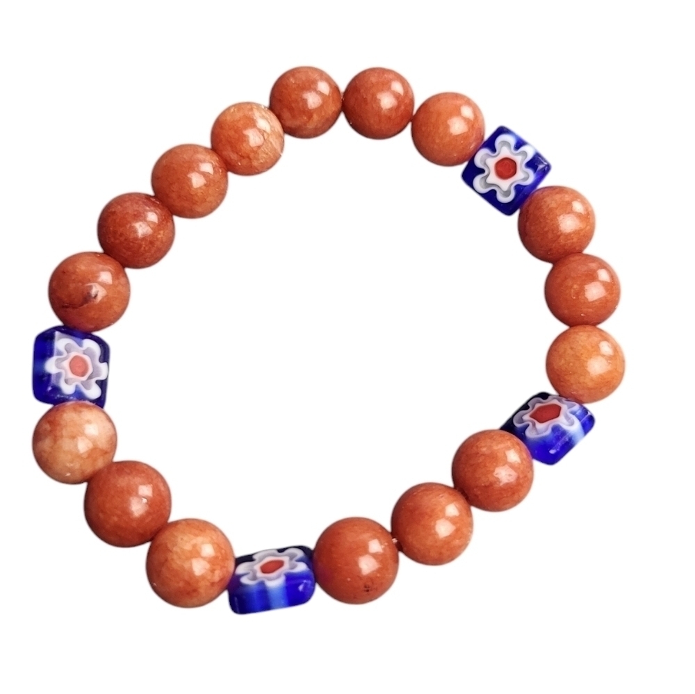 Red Coral Stone Millefiori Lampwork Glass Stretch Bracelet